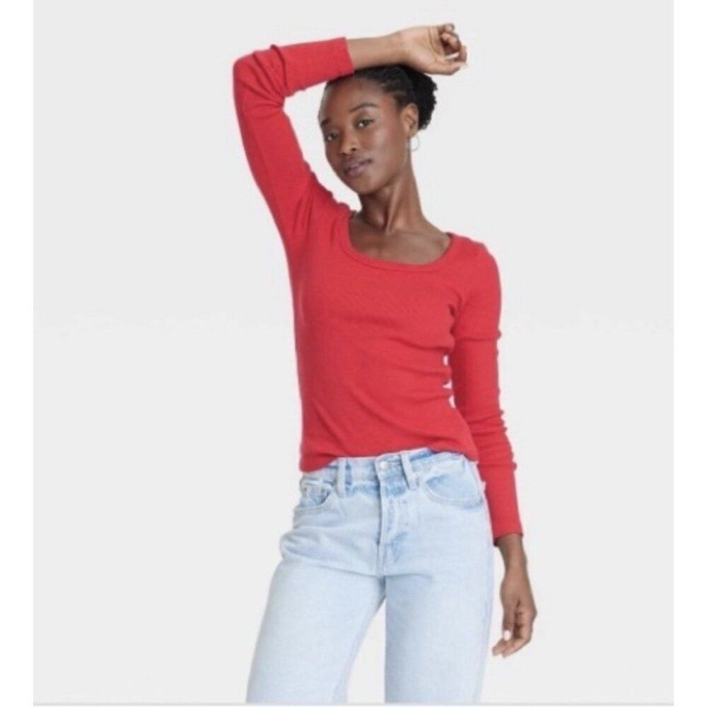 universal thread solid red Round Neck ribbed long sleeve top T Shirt Xs